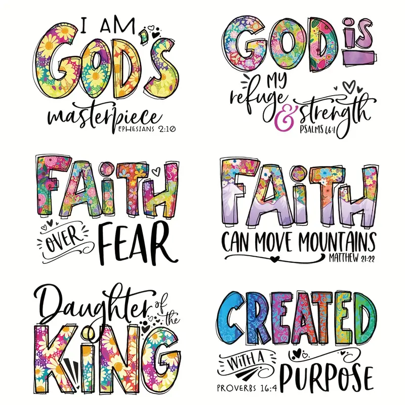 6pcs Newest Words Designs DIY Iron On Transfer Stickers For T-shirts Jackets Jeans Faith Strength Heat Transfers Printing Sticker On Clothes-Guru-buzz