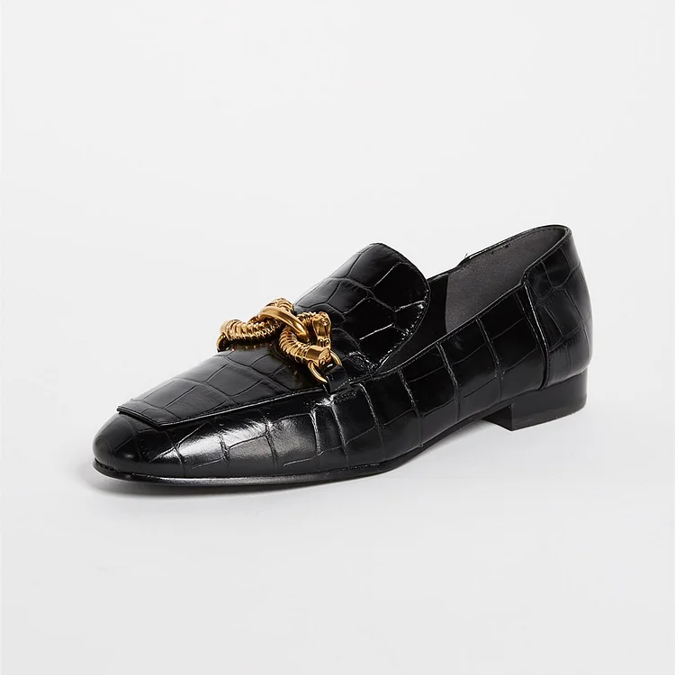 Black Almond Toe Metal Croco Embossed Loafers for Women |FSJ Shoes