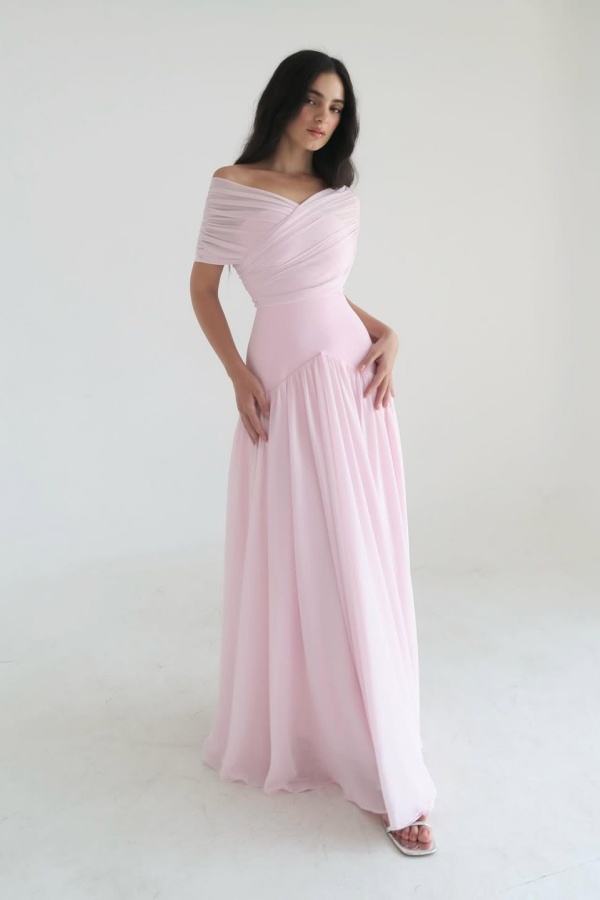 Lussooy Elegant Off the Shoulder Blushing Pink Prom Dress with Pleated