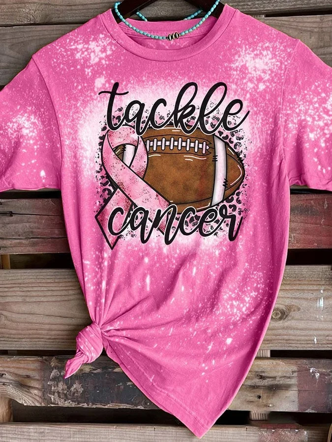 Breast Cancer Awareness Tackle Cancer Football Leopard Print T-Shirt socialshop