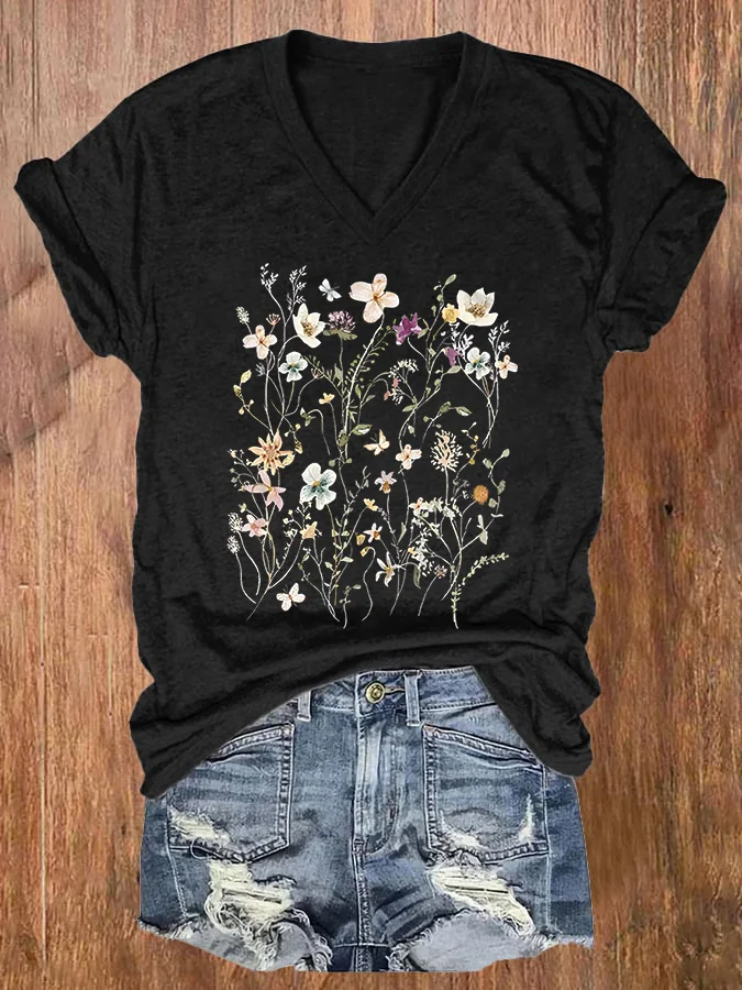 Floral Plant V Neck Print Women's T-shirt