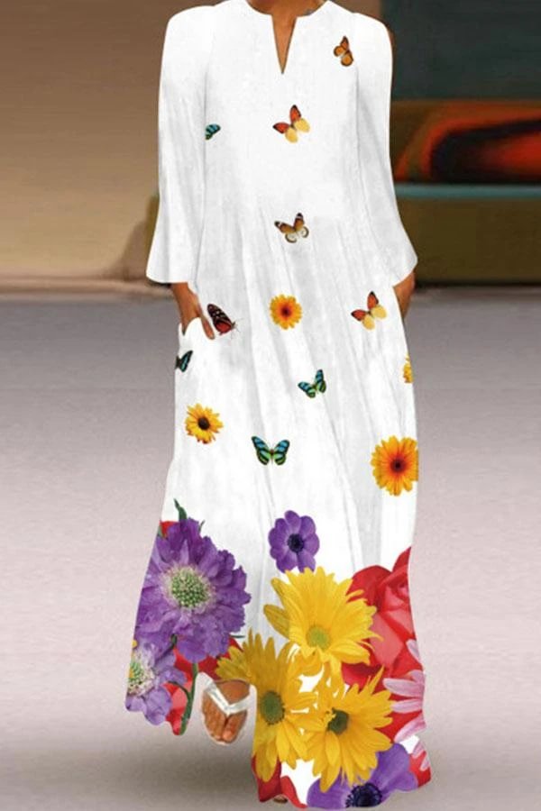 Printed V-neck Long Sleeve Dress P14271