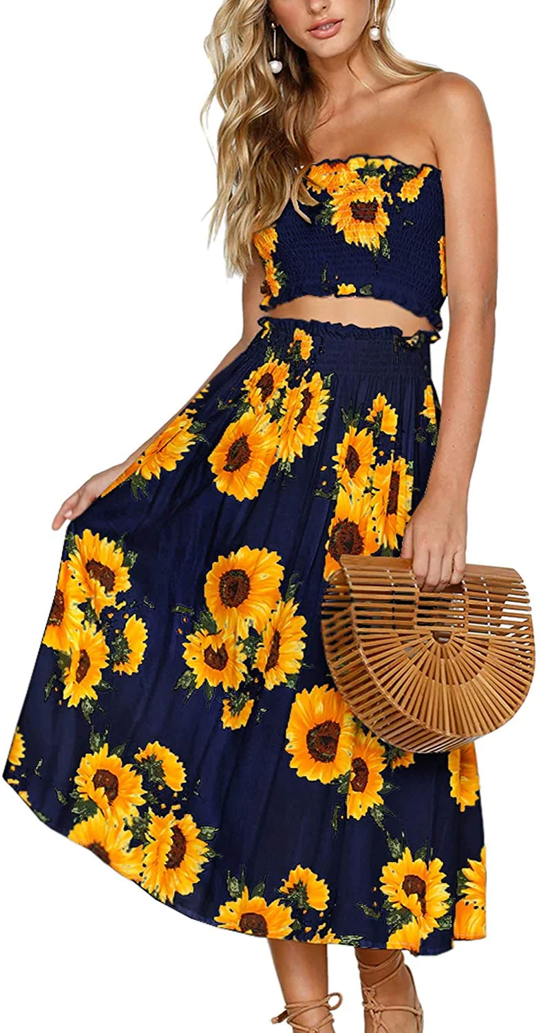 Women's Floral Crop Top Maxi Skirt Set 2 Piece Outfit Dress