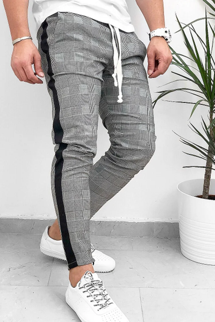 Grey Fashion Casual Plaid Split Joint Mid Waist Pencil Bottoms