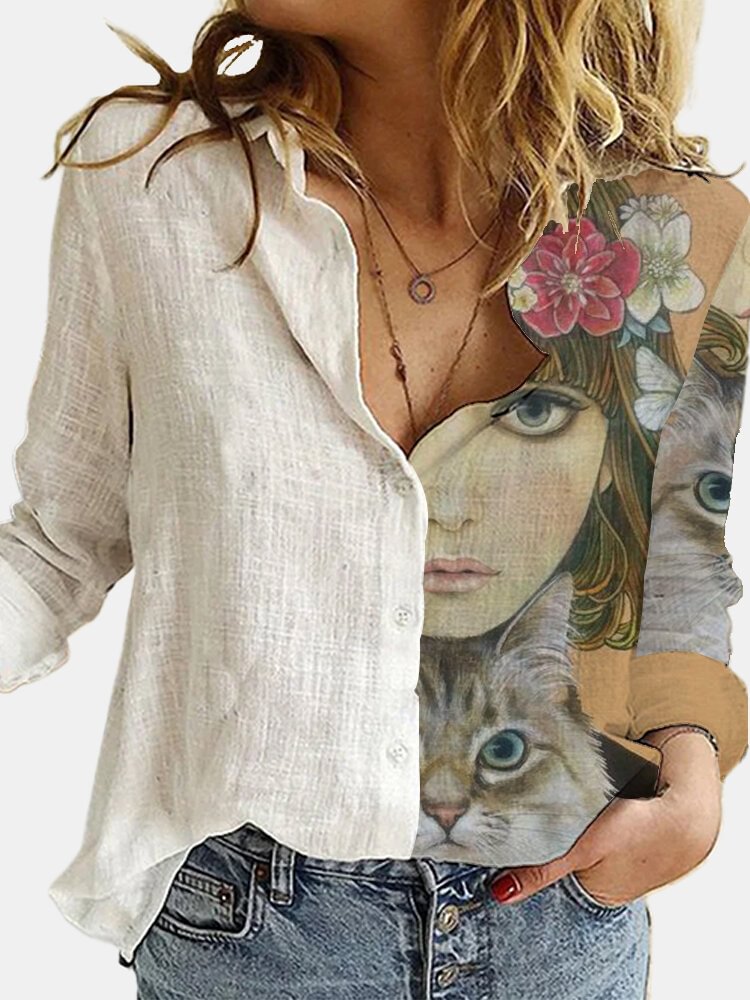 Cartoon Printed Patchwork Lapel Collar Button Long Sleeve Shirt P1766874