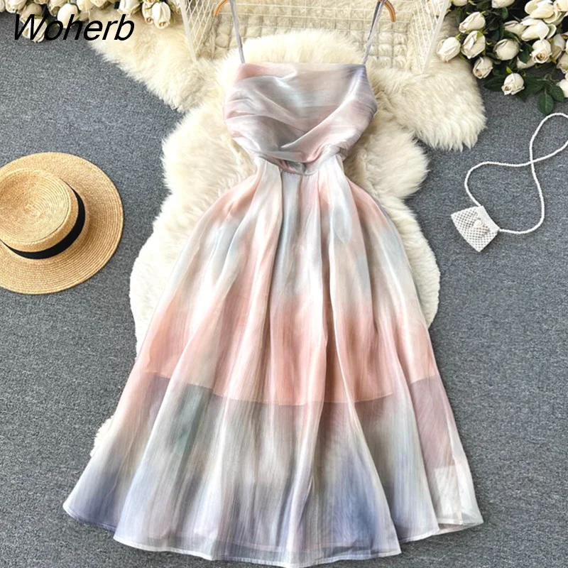 Woherb Women Dress 2023 Summer Elegant Print Lady Spaghetti Strap Vacation Party Long Dress Robe Femme