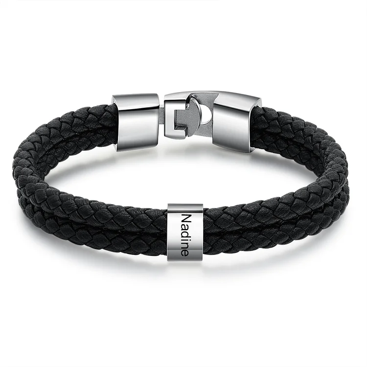Men Leather Bracelet with 1 Bead Custom Two Layers Bracelet Black