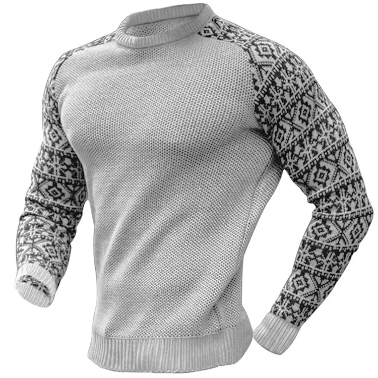 Men's Vintage Print Waffle Knit Long Sleeve Sweater