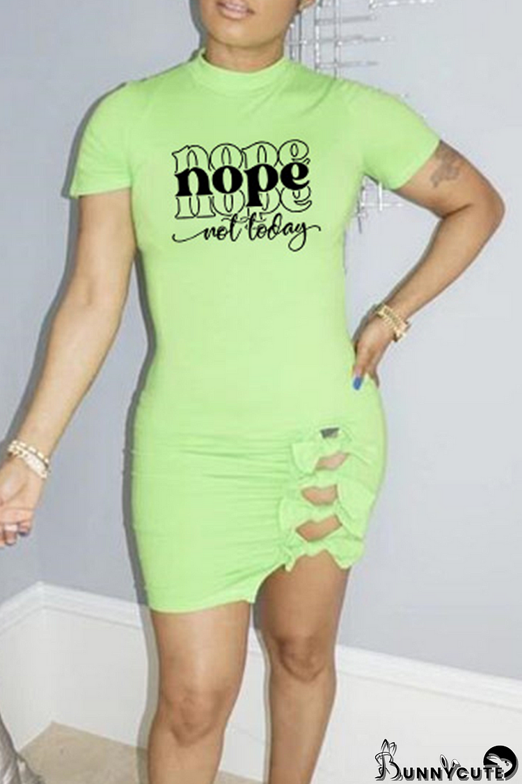 Green Fashion Print Hollowed Out Half A Turtleneck Pencil Skirt Dresses