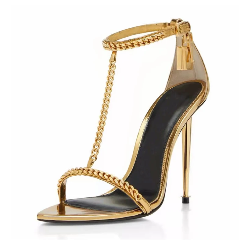 TAAFO Gold Metal Lock Gladiator Sandals Woman Open Toe Chain T-strap High Heels Lady Party Shoes