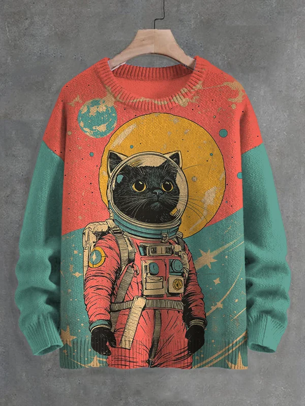 Men's Black Cat Astronaut Color Block Art Print Knit Sweatshirt