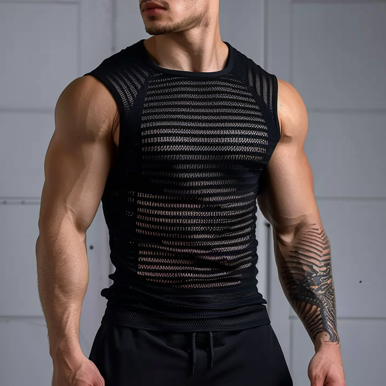 Men's See-through Striped Mesh Sleeveless Tank Top / TECHWEAR CLUB / Techwear