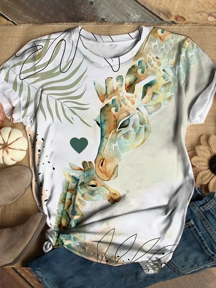 Bestdealfriday Plus Size Cotton Blend Crew Neck Animal Casual Shirts Tops 9326712