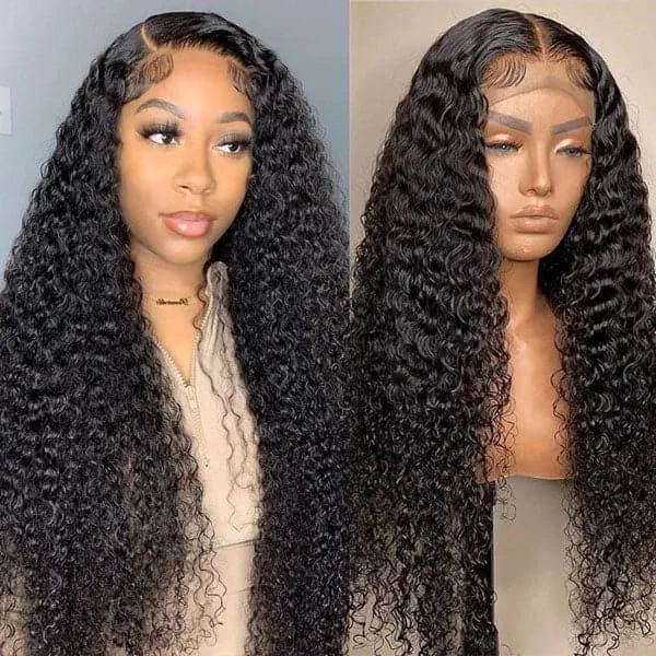 Deep Curly 13x4 Transparent Lace Wigs Long Black Human Hair Lace Front Wigs