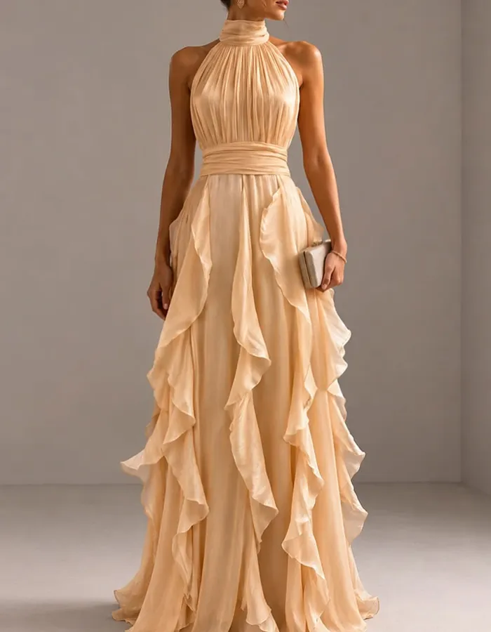 Champagne-colored Backless Sleeveless Chiffon Maxi Dress