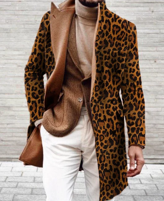 OK Leopard Pattern Lapel Collar Single Breasted Long Coat Okaywear