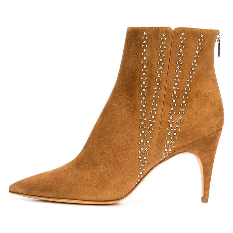 Tan Suede Stud Ankle Booties with Pointy Toe and Stiletto Heels Vdcoo