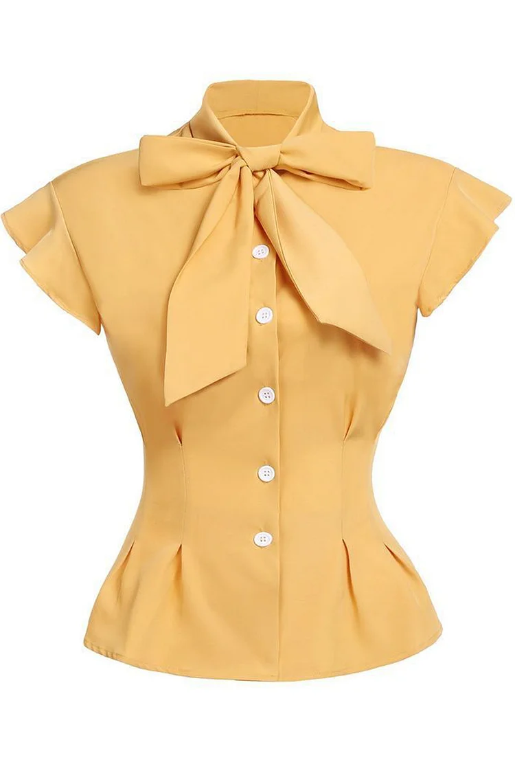1950s Formal Yellow Bow Tie Ruffle Sleeve Slim Fit Blouse
