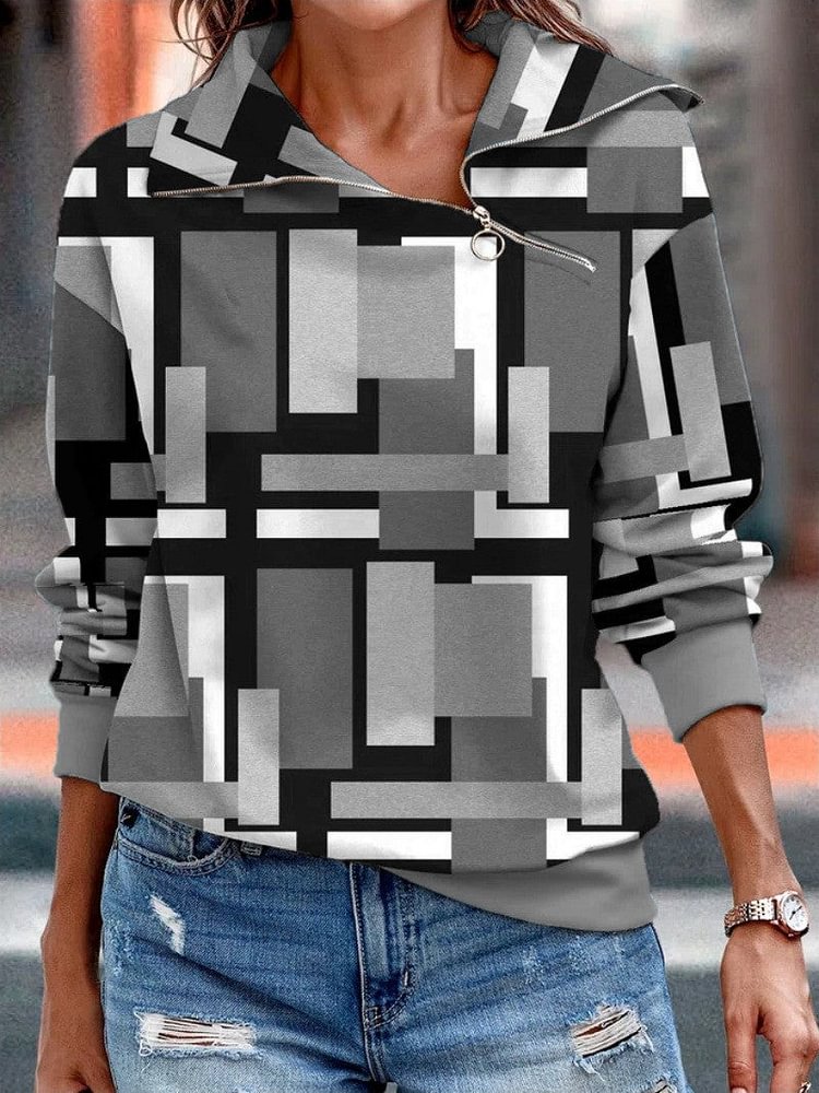 Casual Oversized Geometric Print Zipper Sweatshirt socialshop