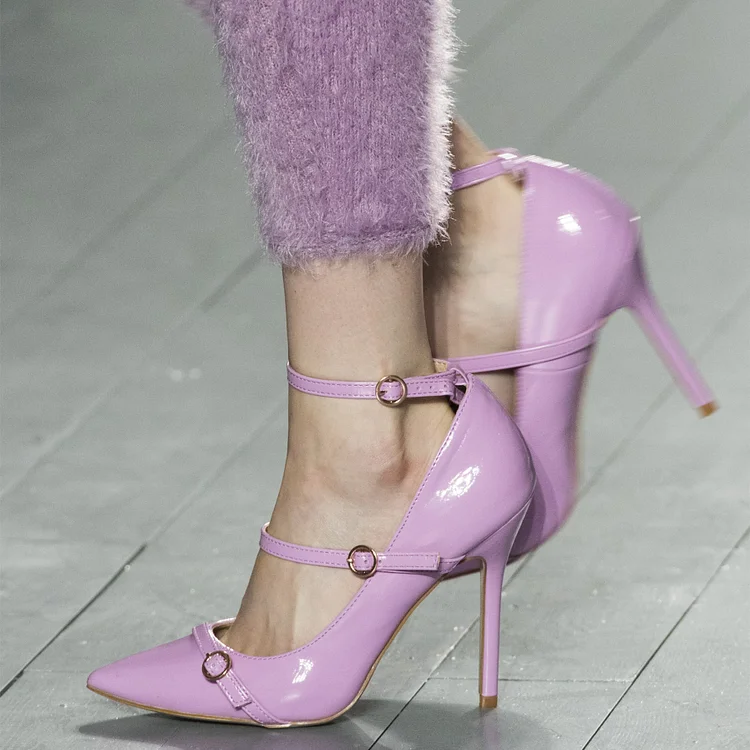 Light Purple Patent Leather Pointed Toe Heels Multi-strap Pumps Shoes |FSJ Shoes