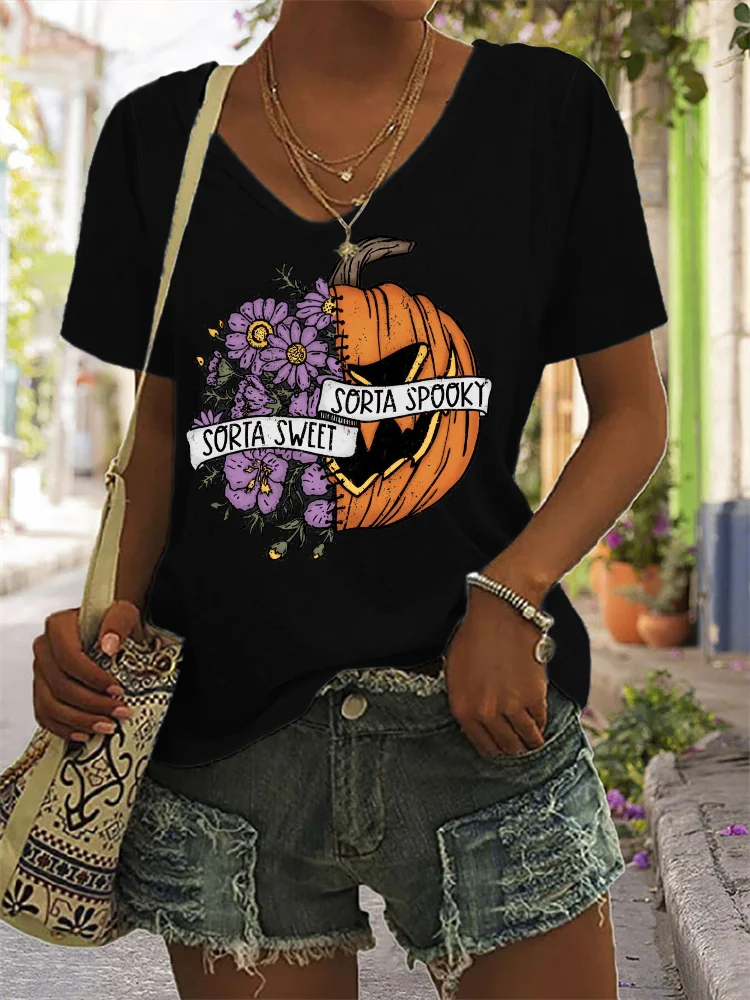 Vefave Sorta Sweet Sorta Spooky Floral Pumpkin T Shirt