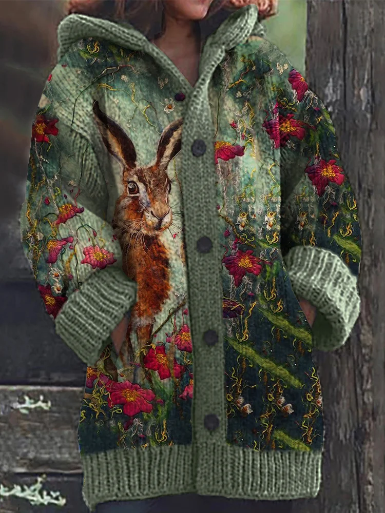 VChics Forest Bunny Floral Felt Art Cozy Hooded Cardigan