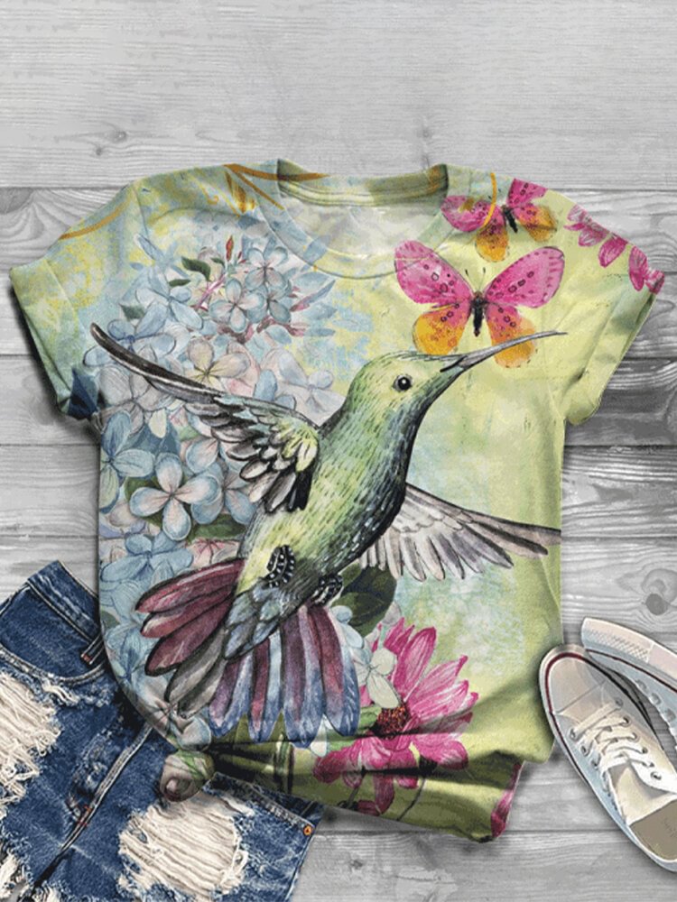 Bird Floral Print O neck Short Sleeve Casual T Shirt For Women P1796072