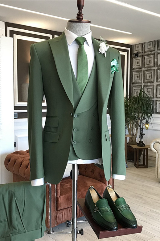 Dresseswow Classy Green Daily Wear Man Suits For Party Three Piece With Peaked Lapel