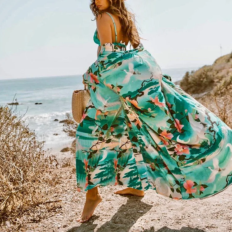 Casual Loose Flower and Bird Print Long Sleeve Cardigan