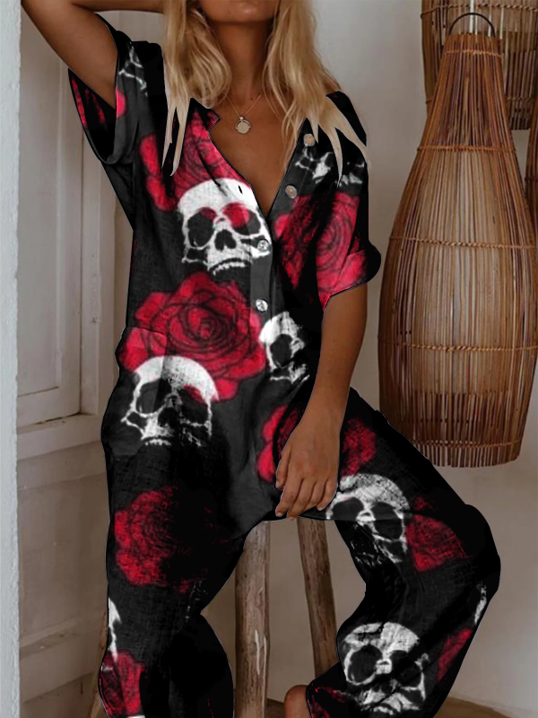 Punk skull flower print jumpsuit