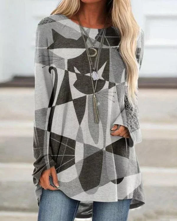 Women's Abstract Cat Print T-Shirt