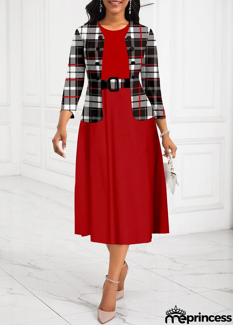 Plus Size Red Two Piece Plaid Belted Dress