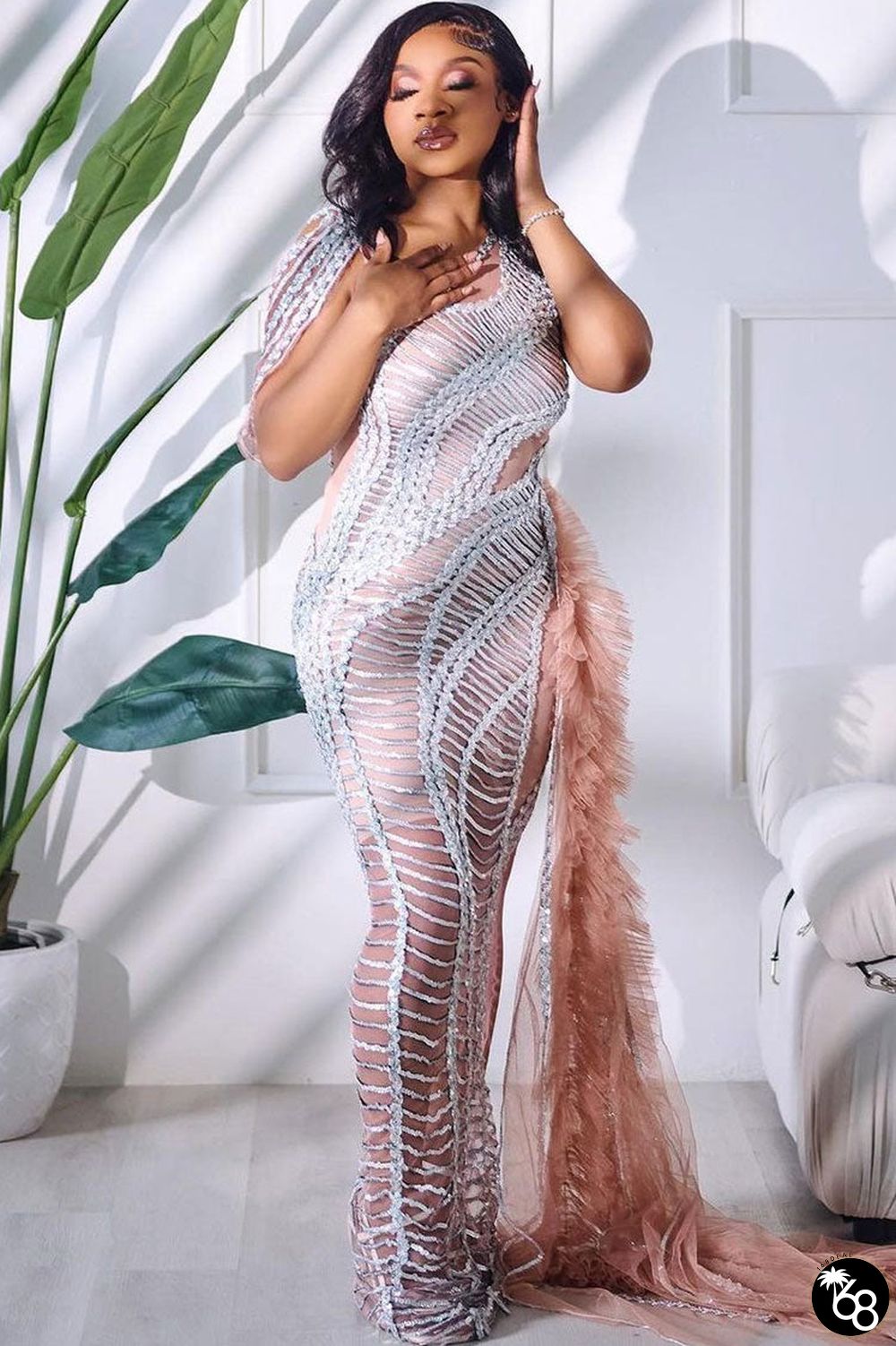 Sparkly Semi Sheer Tulle Ruffle Train Sequin Fishtail Evening Maxi Dress - Silver | 168DEAL