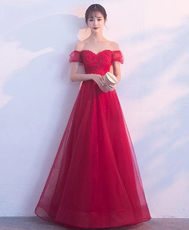 Burgundy Lace Tulle Long Prom Dress, Lace Evening Dress