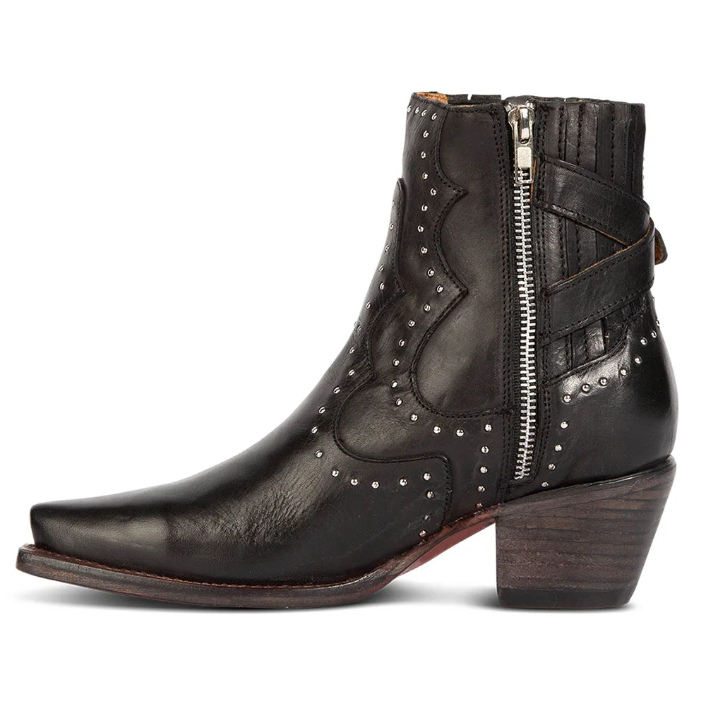 Black Snip Toe Side-Zipper Block Heel Studded Western Boots for Women Nicepairs