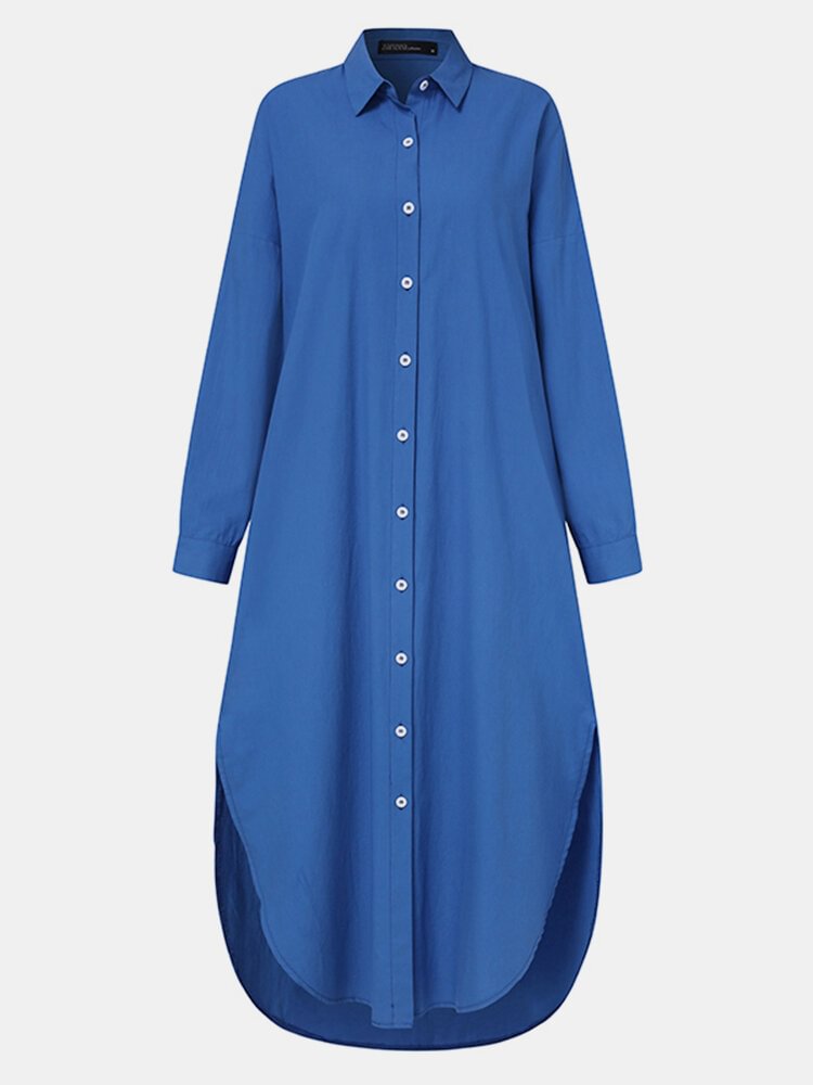 Women Solid Color Pocket Button Lapel Long Sleeve Casual Blouse