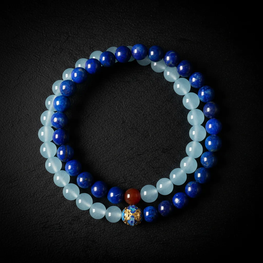 Serene Horizon: Natural Lapis Lazuli & Aquamarine Double-Strand Bracelet Midnight & Azure (6mm Beads)
