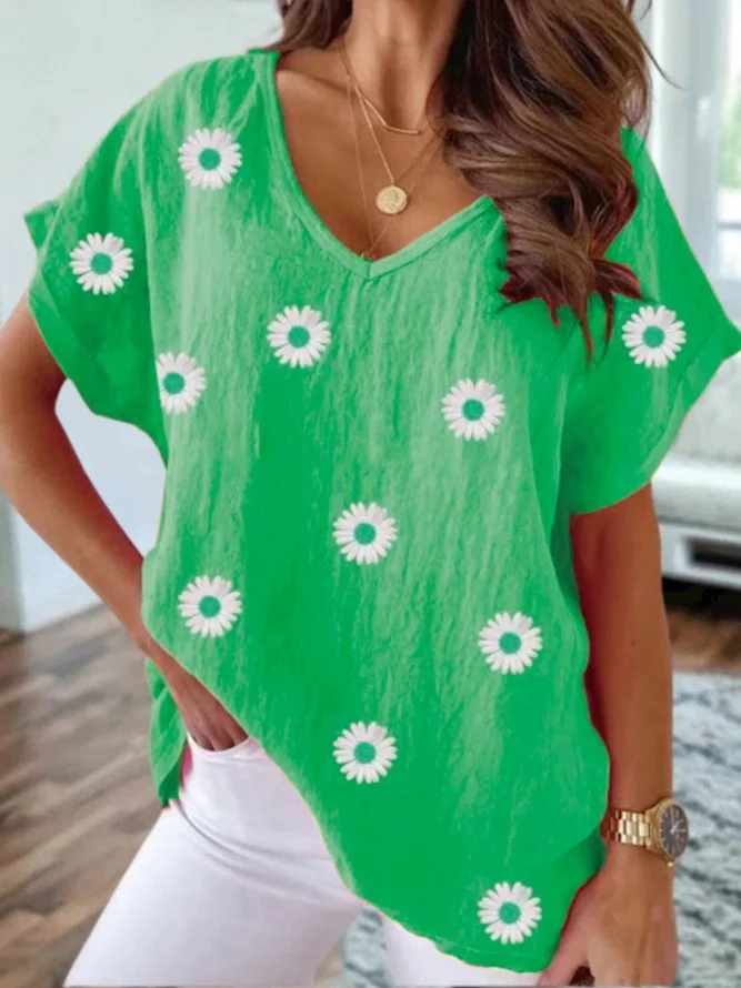 Summer Vintage Crumpled Daisy Loose-Fitting Casual T-shirt Short Sleeve VangoghDress