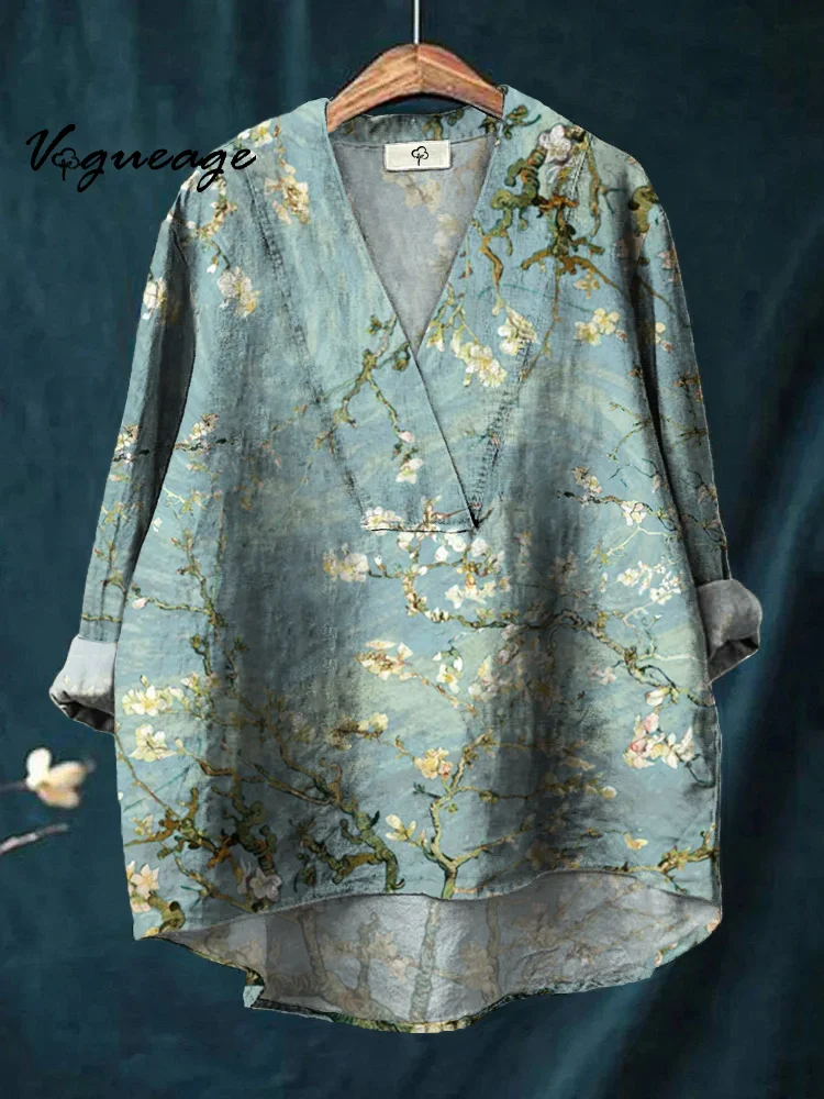 Elegant And Gentle Flowers Printed Cotton And Linen Shirt