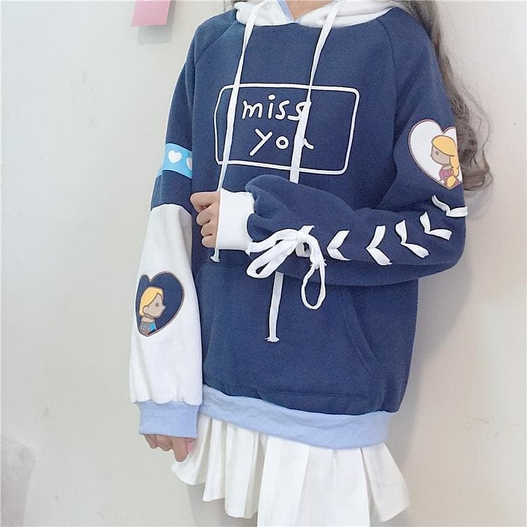 Blue Kawaii Laced Fleece Hoodie Jumper S12918