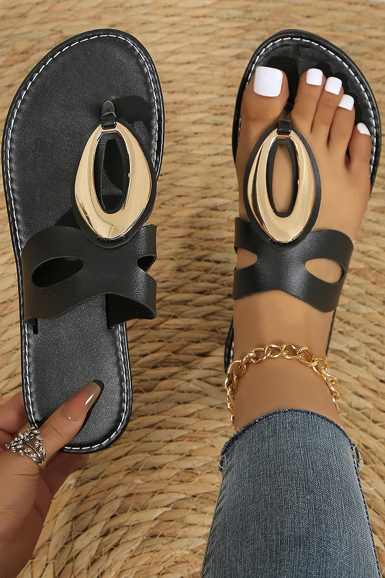 Cut Out Metal Ring Decor Stitch Detail Flip Flops Casual Slippers