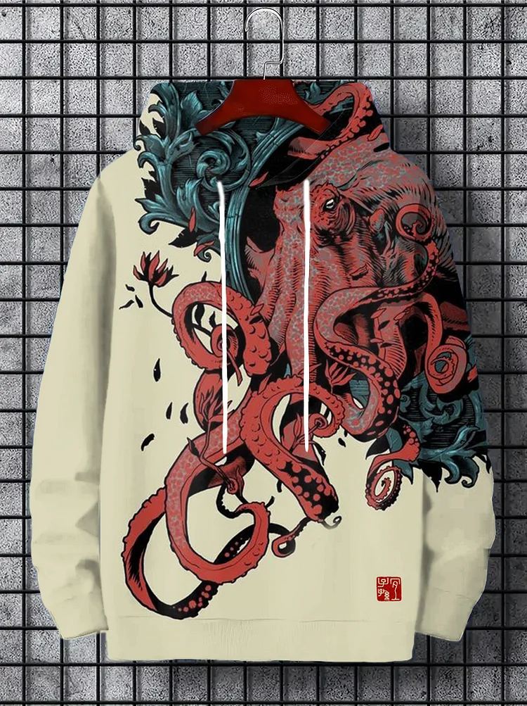Men's Vintage Cthulhu Octopus Ukiyo-e Art Printed Hoodie
