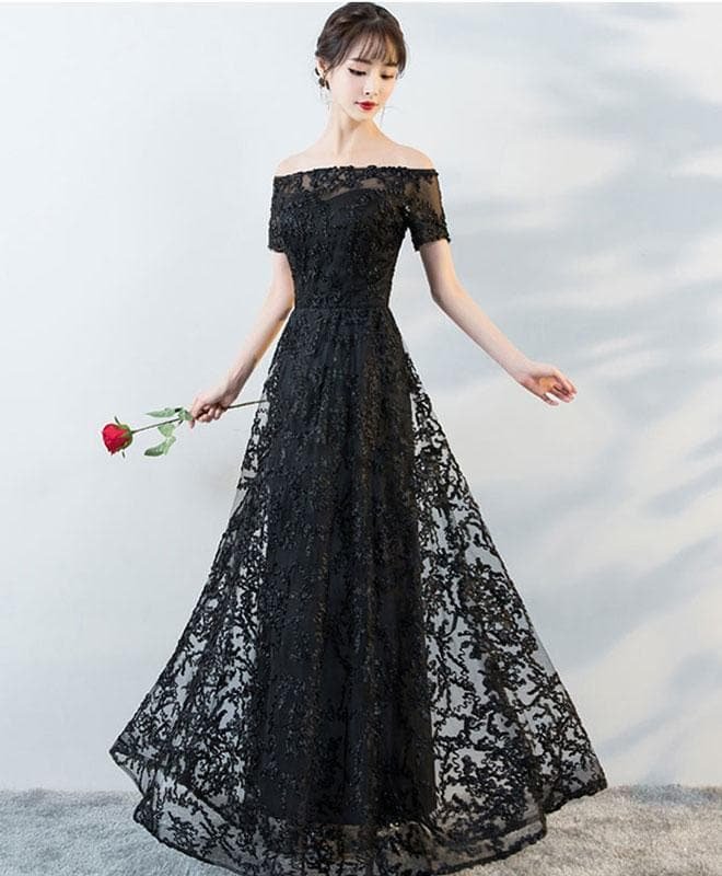 Black Tulle Lace Long Prom Dress, Black Lace Evening Dress