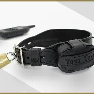 pornhint Pornhint Leather Locking Shock Collar, Custom BDSM Training Collar, Puppy Play, Padlock, Estim, Bondage, Premium E-Collar, Engraved Handmade Painted