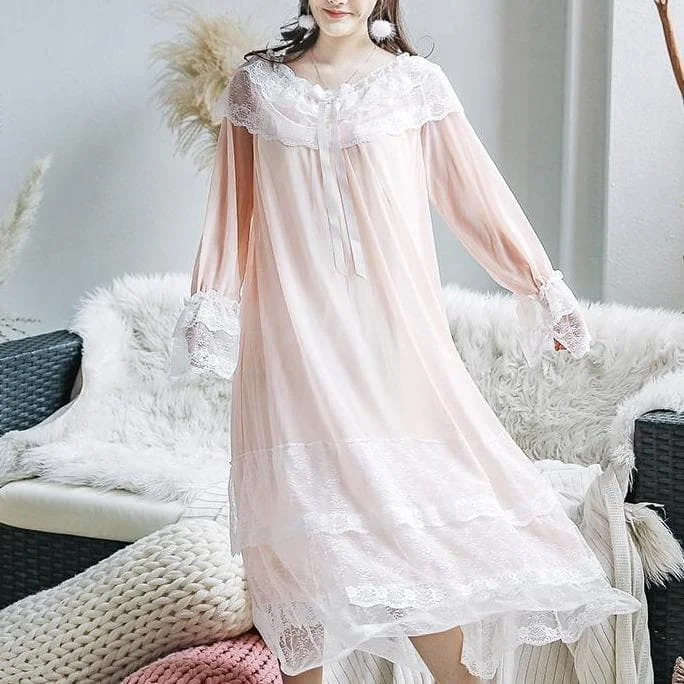White/Pink/Blue Pastel Princess Lace Pajamas 2pcs Set Dress SP164924
