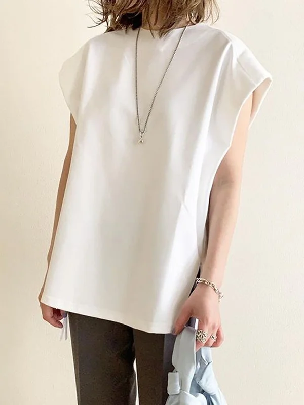 Minimalist Casual Pure Color Round-Neck Cap Sleeves T-Shirt Top