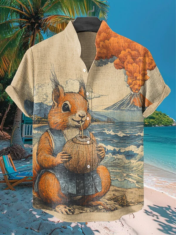 Men's Squirrel and Coconut Juice Print Short Sleeve Shirt