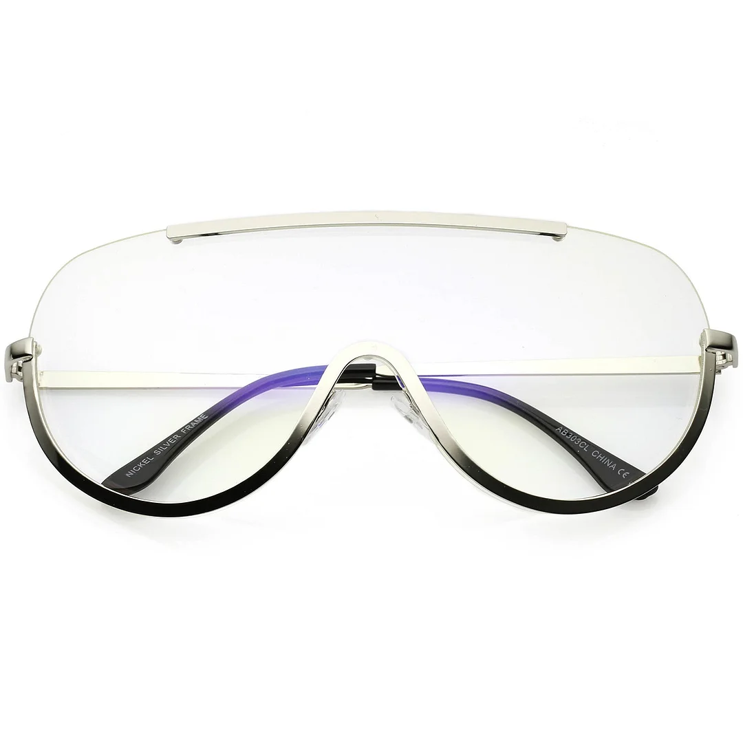Oversize Semi Rimless Shield Eyeglasses Metal Trim Clear Mono Lens 65mm