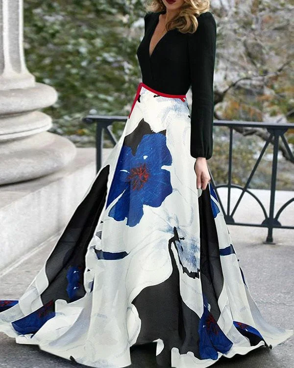 V-Neck Belt Floral Printed Maxi Dress