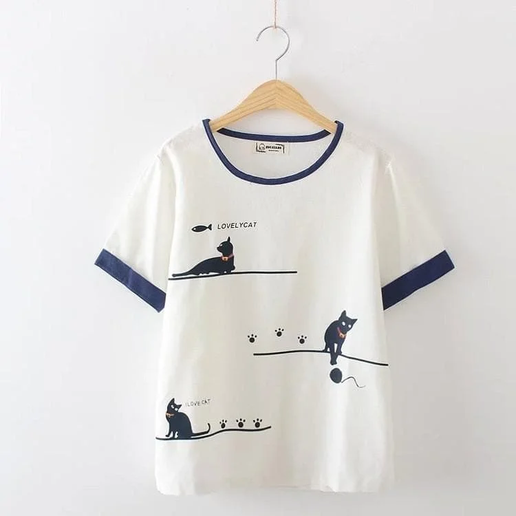 Beige/Navy Casual Lovely Cat Tee Shirt SP1710033